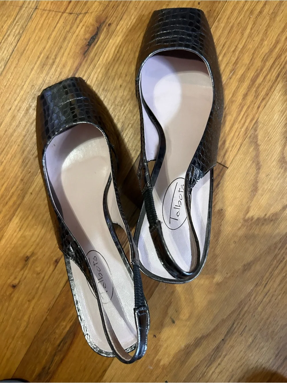 Talbots Metallic Sling Back Peep Toe Leather Wedge Sandal Croc Embossed Sz 8.5B